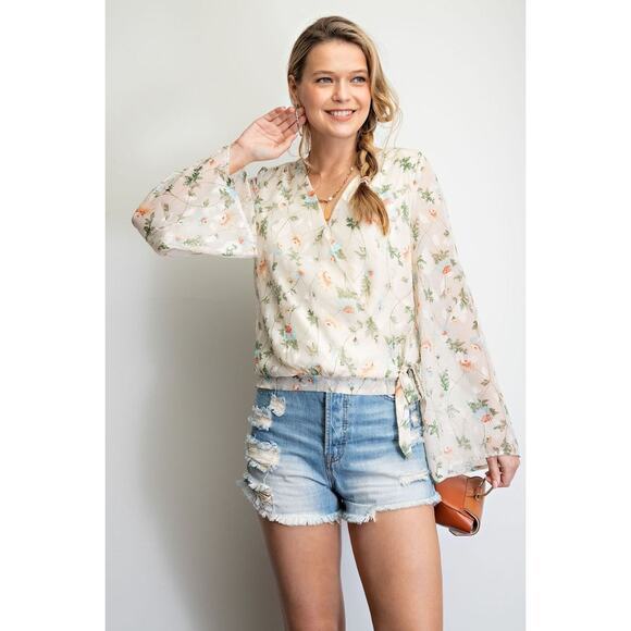 Easel Floral Print Boho Surplice Ivory Chiffon Blouse Tie Waist Long Sleeves, S - Picture 5 of 5